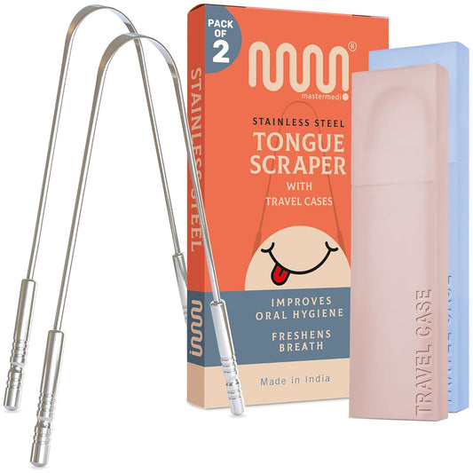 MasterMedi Tongue Scraper for Adults with Multicolor Travel Cases (2 Pack), 100% Stainless Steel, Reduce Bad Breath, Tongue Scrubber, Easy to