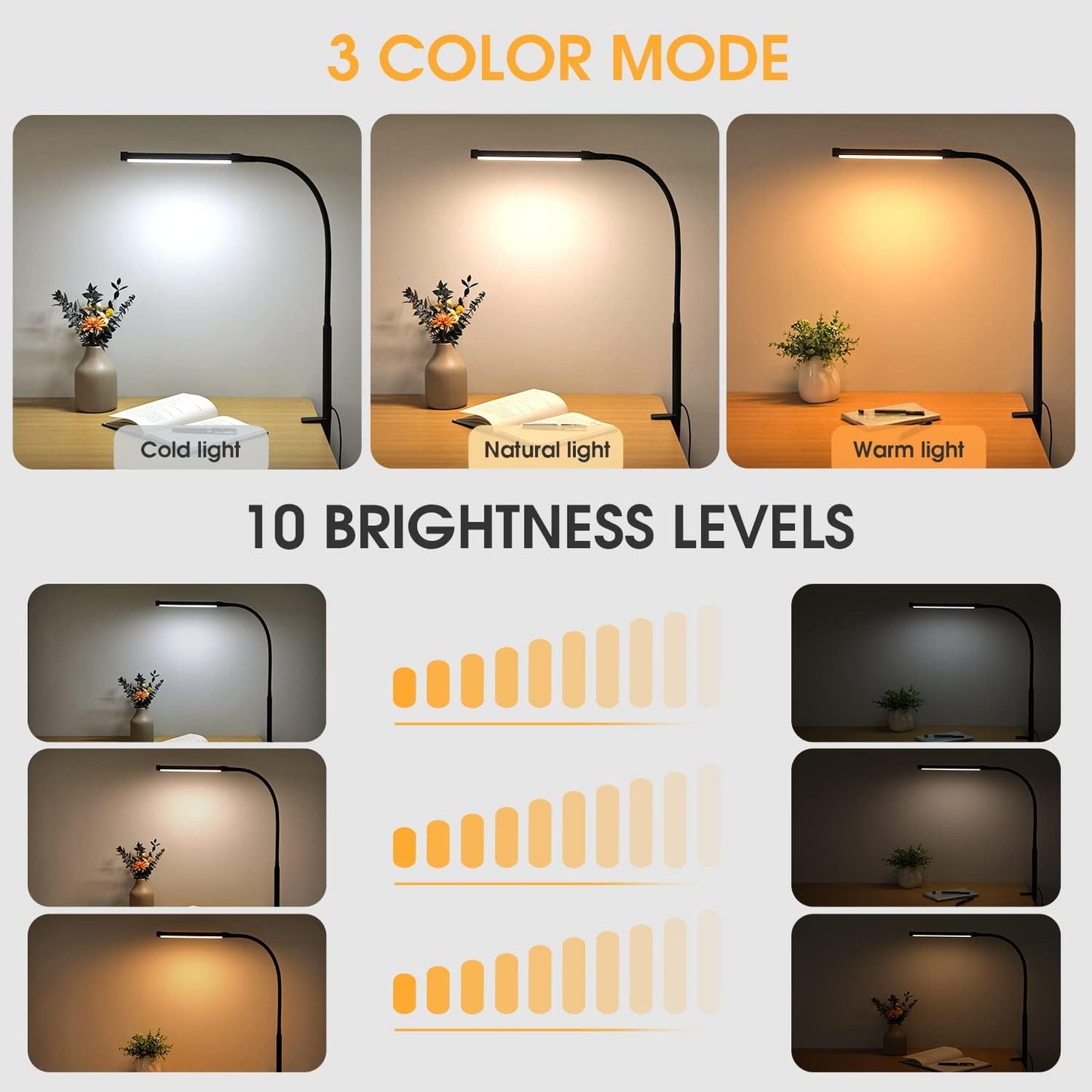 Voncerus LED Desk Lamp with Clamp, Eye-Caring Clip on Lights for Home Office, 3 Modes 10 Brightness, Long Flexible Goose-Neck