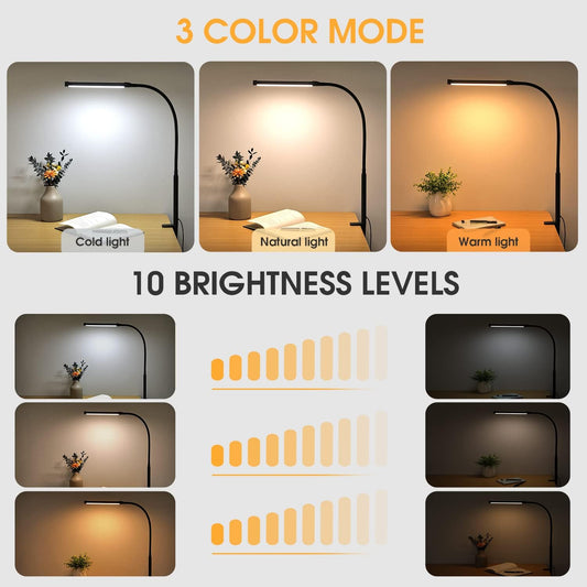 Voncerus LED Desk Lamp with Clamp, Eye-Caring Clip on Lights for Home Office, 3 Modes 10 Brightness, Long Flexible Goose-Neck