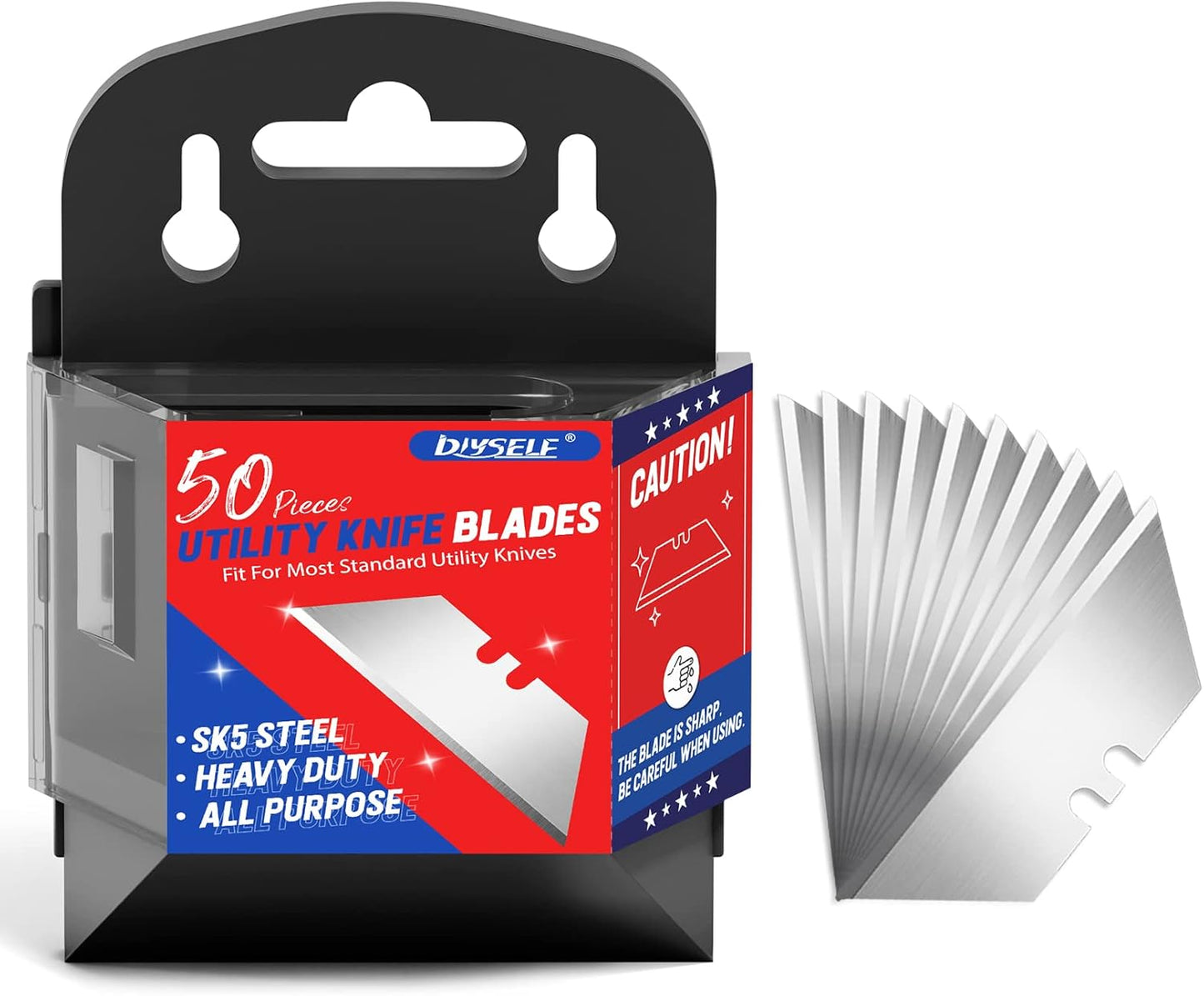 DIYSELF 50 Pack Utility Knife Blades, SK5 Steel Box Cutter Blades with Dispenser, Standard Blades for Box Cutter Utility Knife
