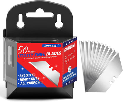 DIYSELF 50 Pack Utility Knife Blades, SK5 Steel Box Cutter Blades with Dispenser, Standard Blades for Box Cutter Utility Knife