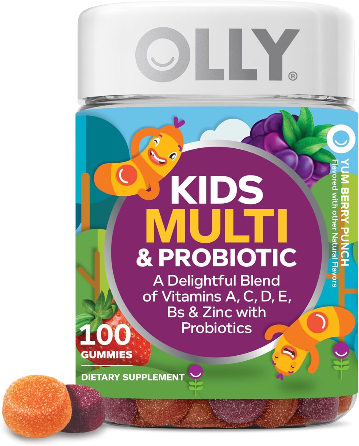 OLLY Kids Multivitamin & Probiotic Gummy, Digestive Support, Vitamins A, D, C, E, B, Zinc, Chewable Supplement, Berry