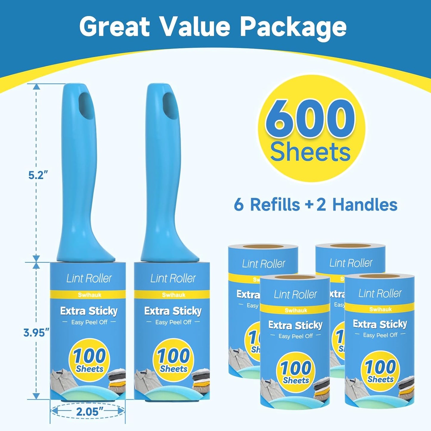 Swihauk 600 Sheets Extra Sticky Lint Rollers for Pet Hair, Easy Spiral Tear Lint Roller for Clothes with Ergonomic