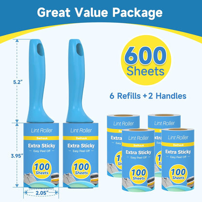 Swihauk 600 Sheets Extra Sticky Lint Rollers for Pet Hair, Easy Spiral Tear Lint Roller for Clothes with Ergonomic