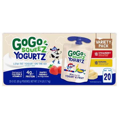 GoGo squeeZ yogurtZ Variety Pack, Strawberry & Banana, 3 oz (Pack of 20), Kids Snacks Made from Real Yogurt and Fruit, No Fridge Needed, Gluten