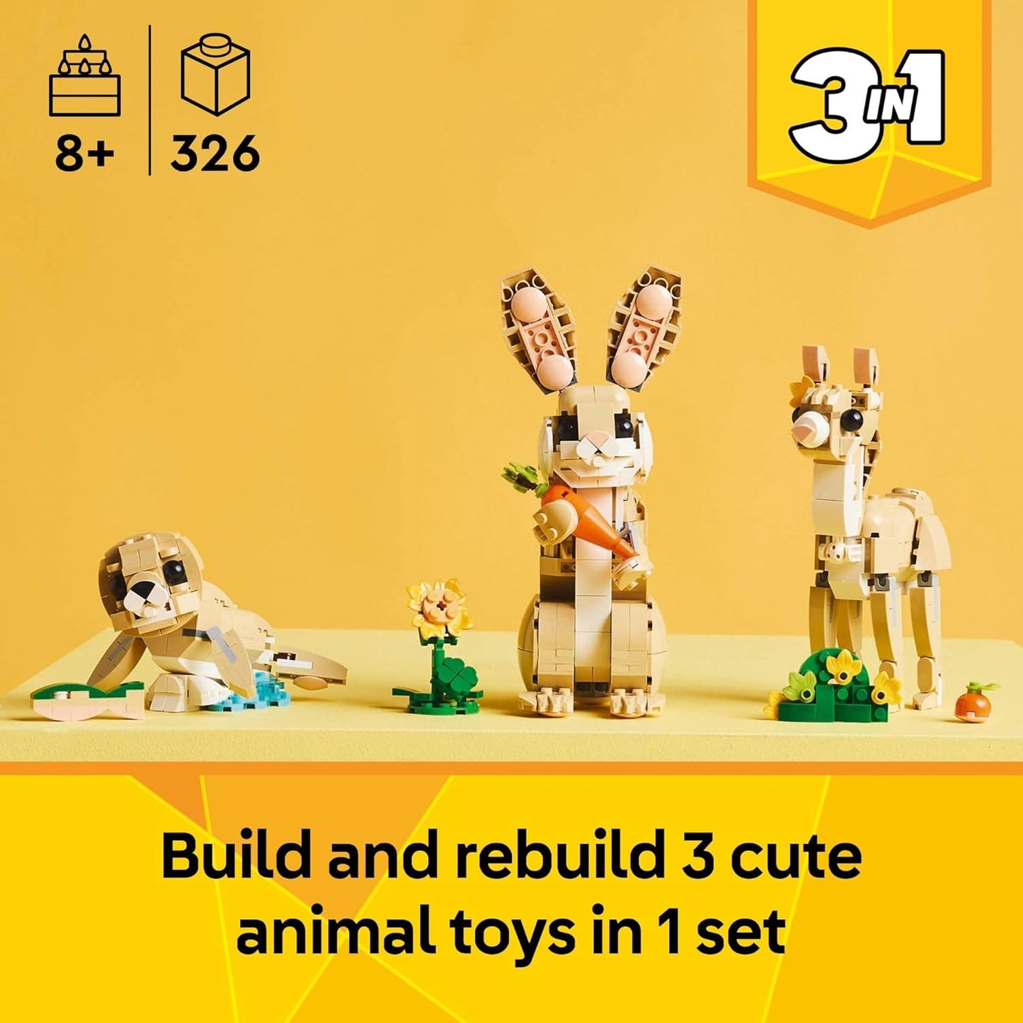 LEGO Creator 3 in 1 Cute Bunny Toy - Building Toy Set with 3 Build Options, Bunny, Seal, or Llama - Animal Figures for Kids, Girls and