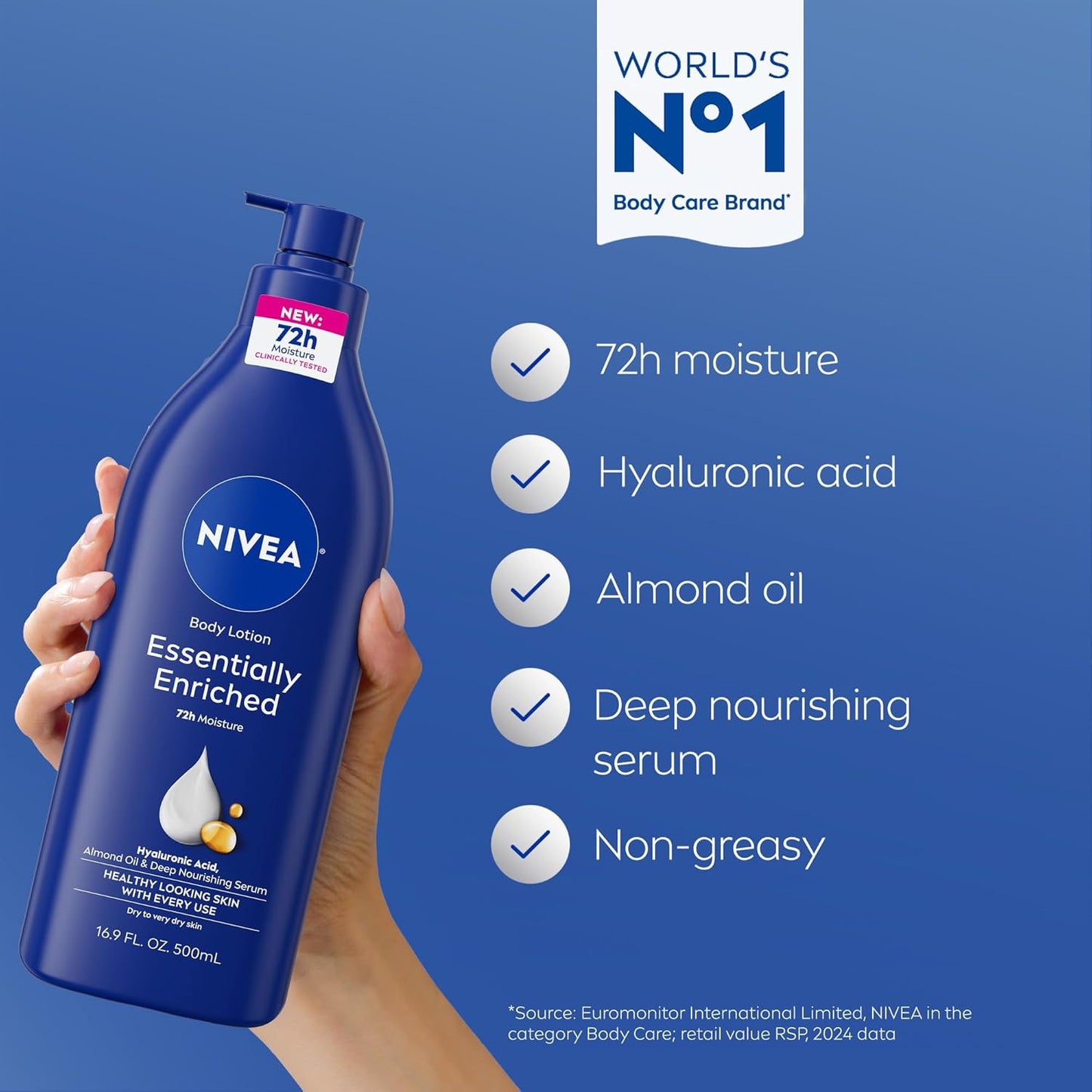 NIVEA Essentially Enriched Body Lotion for Very Dry Skin with Hyaluronic Acid, Almond Oil and Deep Nourishing Serum, 72-Hour Body