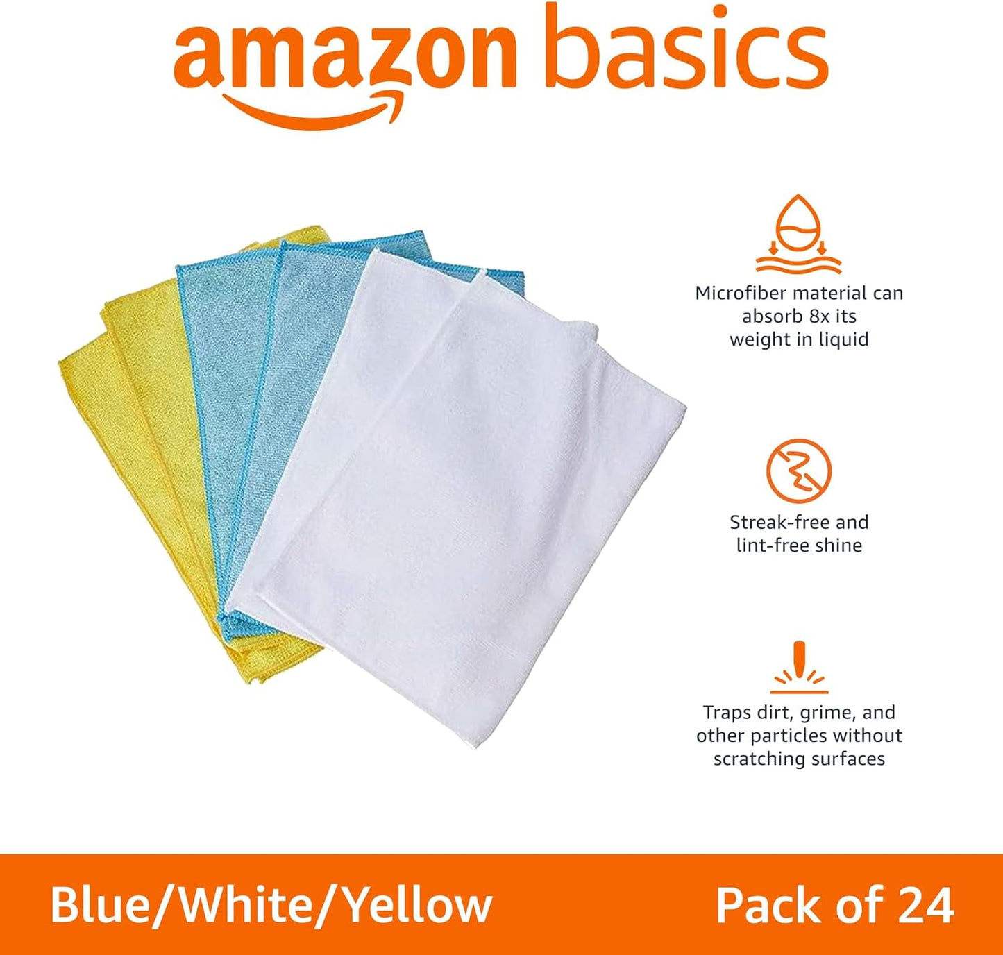 Amazon Basics Microfiber Cleaning Cloths, Ultra Absorbent, Lint Free, Streak Free, Non-Abrasive, Reusable and Washable, 16" x 12"