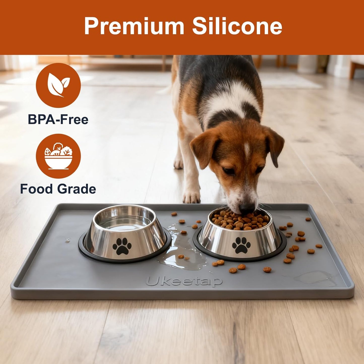 ukeetap Extra Thick Silicone Mat Waterproof with Raised Edge 19 x 12, BPA Free Non-Slip Dog & Cat Food Mat, Feeding Mat for Food and Water