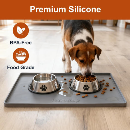 ukeetap Extra Thick Silicone Mat Waterproof with Raised Edge 19 x 12, BPA Free Non-Slip Dog & Cat Food Mat, Feeding Mat for Food and Water