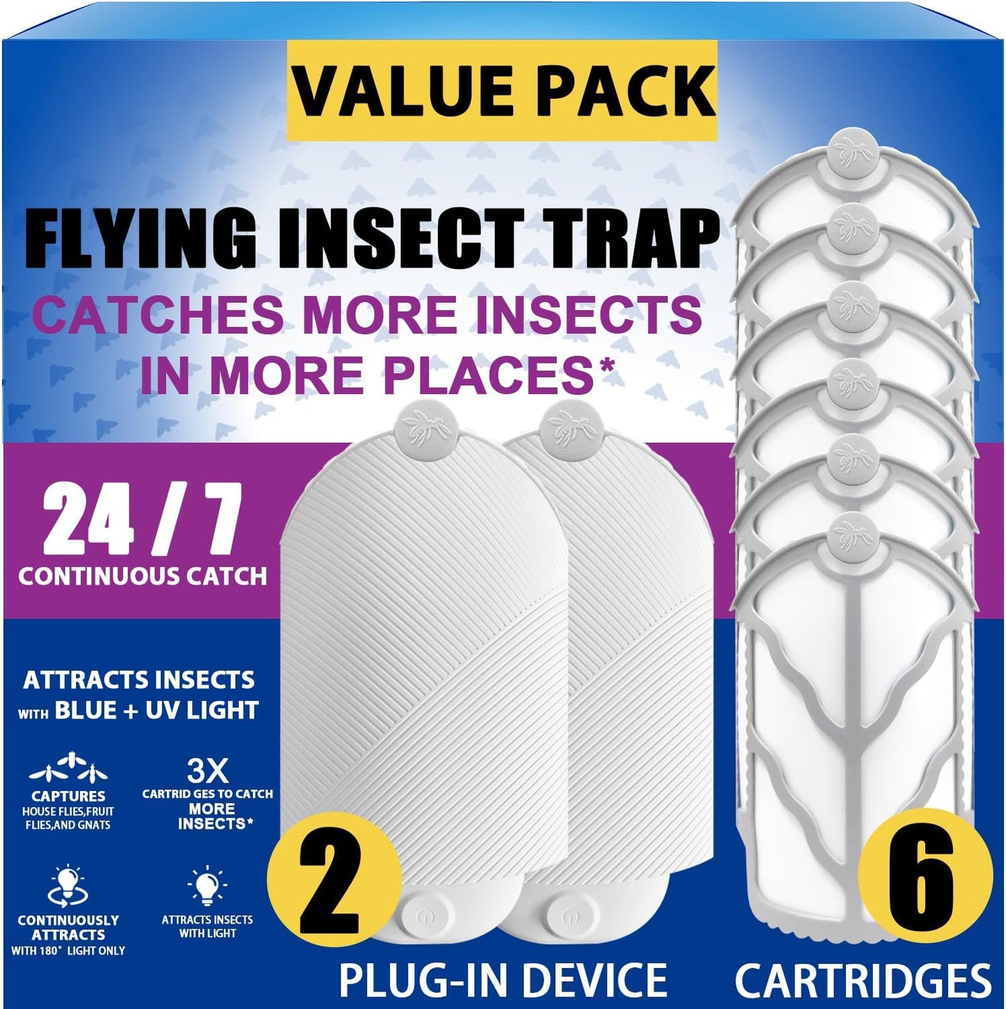 Flying Insect Trap for Indoor Use (2 Staters & 6 Refill Cartridges), UV Light Bug Catcher for Fruit Flies, Gnats & Small Flying Pests, Silent