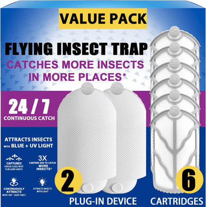Flying Insect Trap for Indoor Use (2 Staters & 6 Refill Cartridges), UV Light Bug Catcher for Fruit Flies, Gnats & Small Flying Pests, Silent