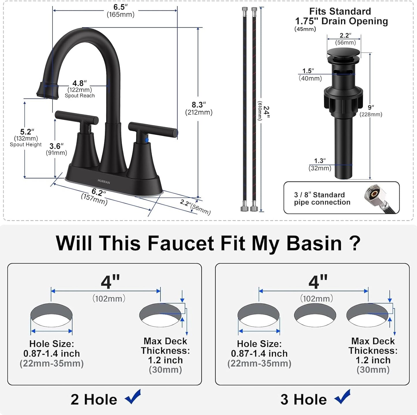 Bathroom Faucets for Sink 3 Hole, Hurran 4 inch Matte Black with Pop-up Drain and 2 Supply
