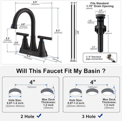 Bathroom Faucets for Sink 3 Hole, Hurran 4 inch Matte Black with Pop-up Drain and 2 Supply