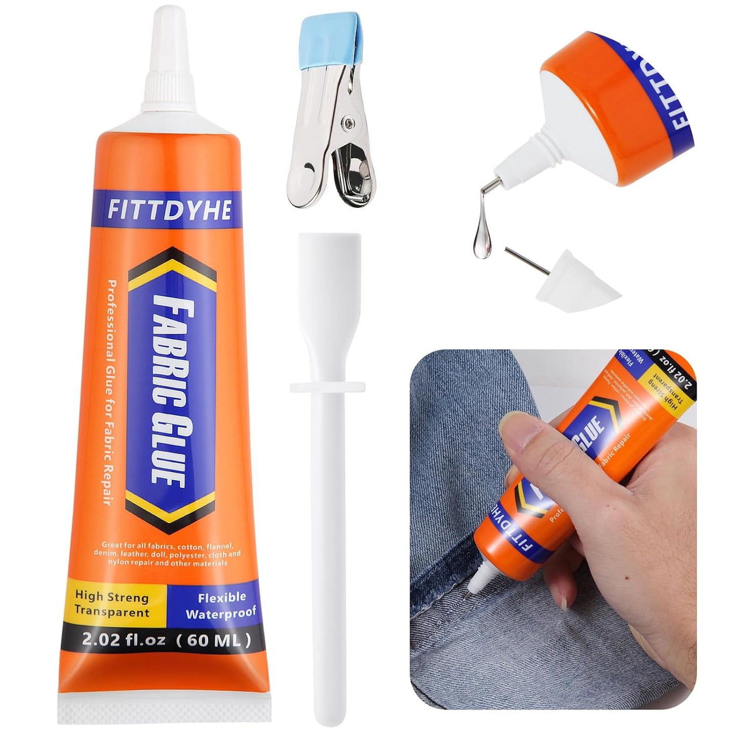 FITTDYHE Fabric Glue Permanent, 60 ML Washable Clear Clothing Glue, Super Fabric Glue for Rhinestones, Patches, Clothes, Denim, Leather