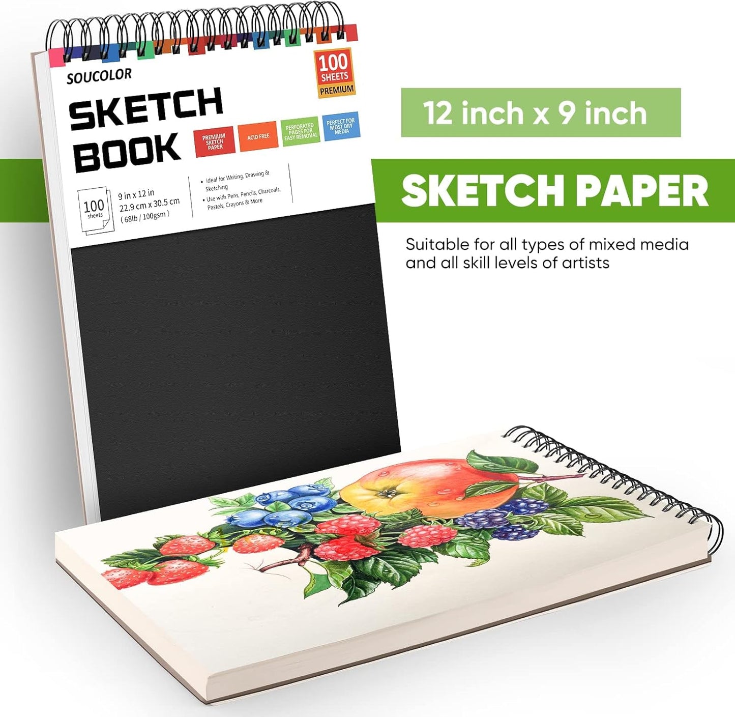 Soucolor 9" x 12" Sketch Book, 100 Sheets Top Spiral Bound Sketchbook with Acid-Free 68lb/100gsm Thick Drawing Paper, Art Sketch Pad for