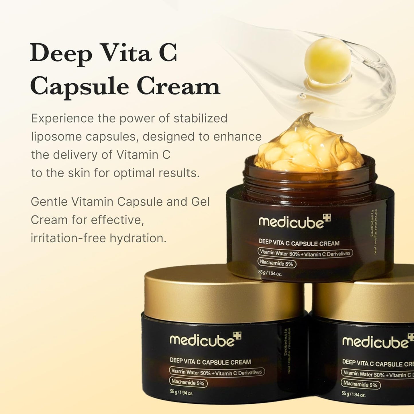 medicube Capsule Cream with Deep Vitamin C, Liposome Vitamin C Golden Capsule for Radiance & Firm-Looking Skin, Hydrating Glow Gel