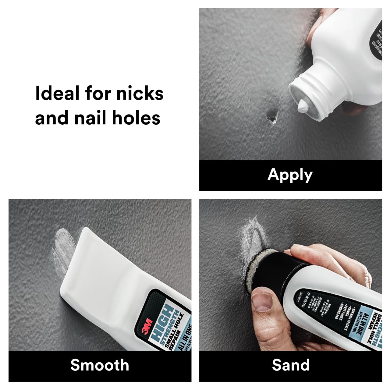 3M Small Hole Repair High Strength, All in One Applicator Tool, 1-Pack, Quick and Easy Repair for Nicks and Nail Holes, Includes Putty Knife