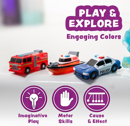 Tub Works Emergency Cars Light Up Bath Toys, 6 Pack, Water-Activated Light Up Toys Flash & Change Color, Soft, Squeezable Baby & Toddler Bath
