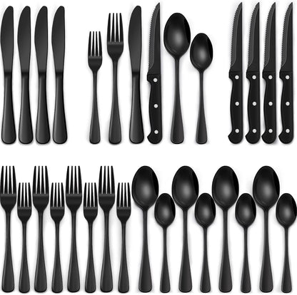 EWFEN 24-Piece Black Silverware Set with Steak Knives, Black Flatware Set for 4, Food-Grade Stainless Steel Tableware Cutlery