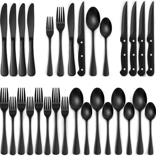 EWFEN 24-Piece Black Silverware Set with Steak Knives, Black Flatware Set for 4, Food-Grade Stainless Steel Tableware Cutlery