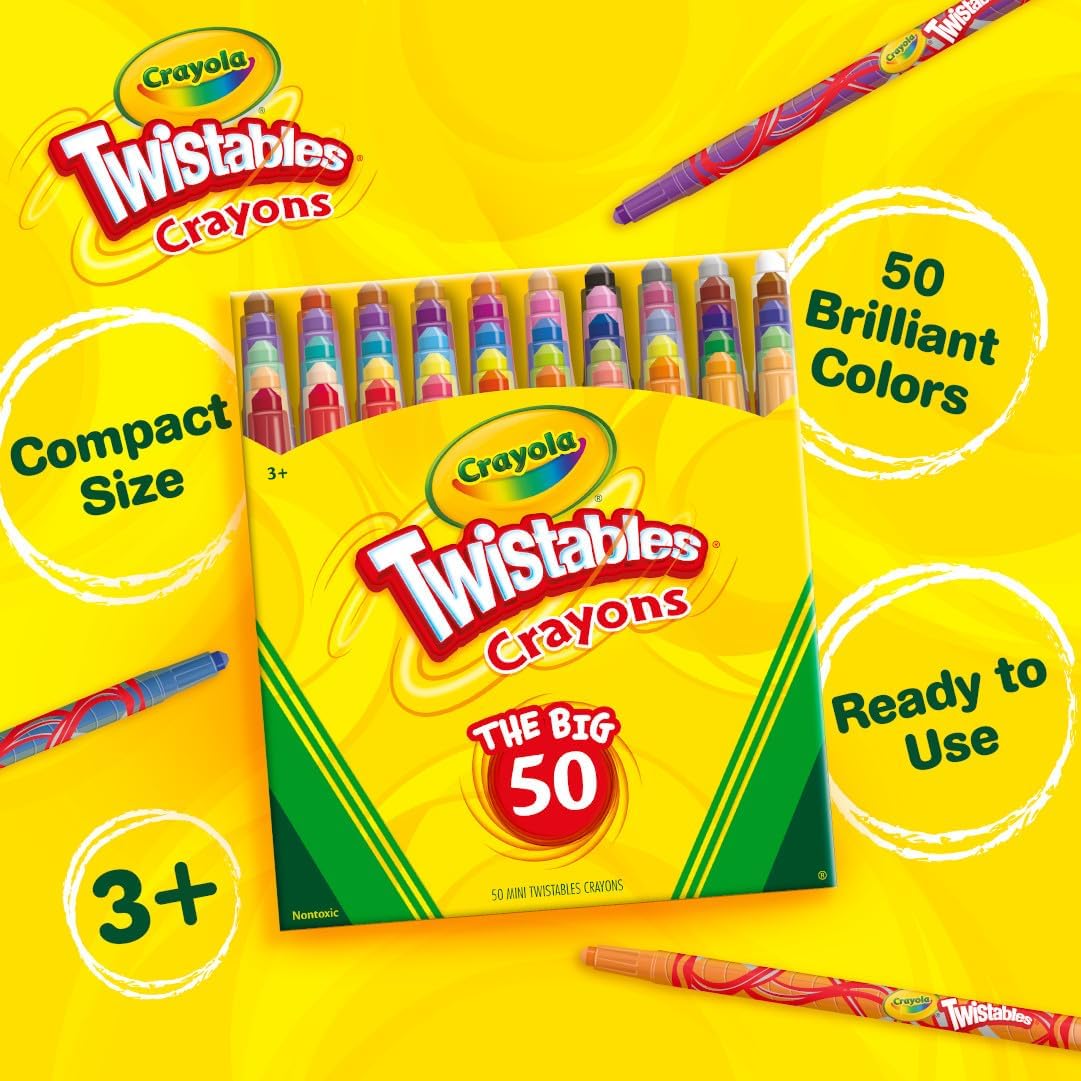 Crayola Mini Twistables Crayons for Kids (50ct), Essential Easter Basket Stuffers, No Peel Crayons for Coloring Books, Gift for Toddlers &