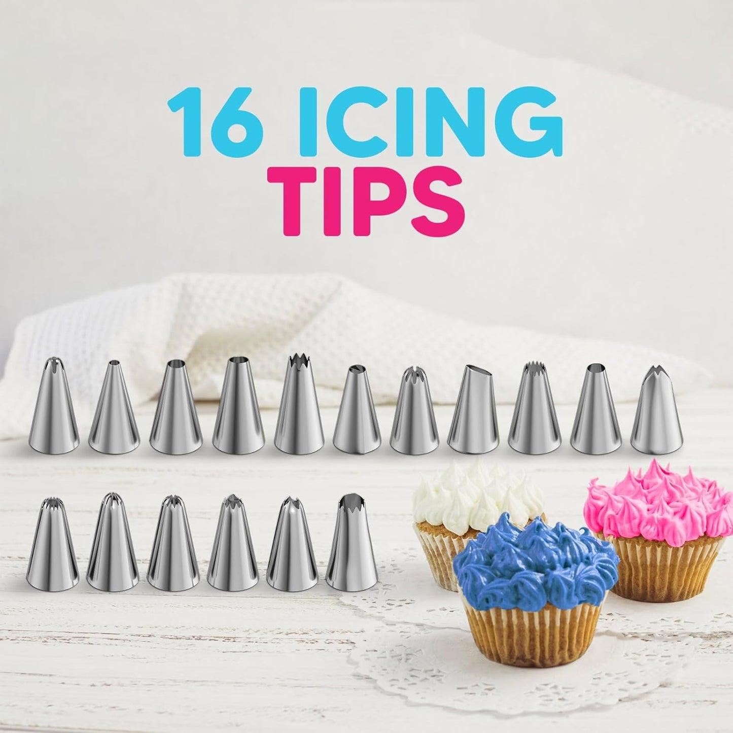 Riccle Piping Bags and Tips Set, 11.8 Inch 100 Anti Burst Piping Bags, 124 Pcs Cake Decorating Kit with 16 Piping Tips, 1 Reusable Pastry