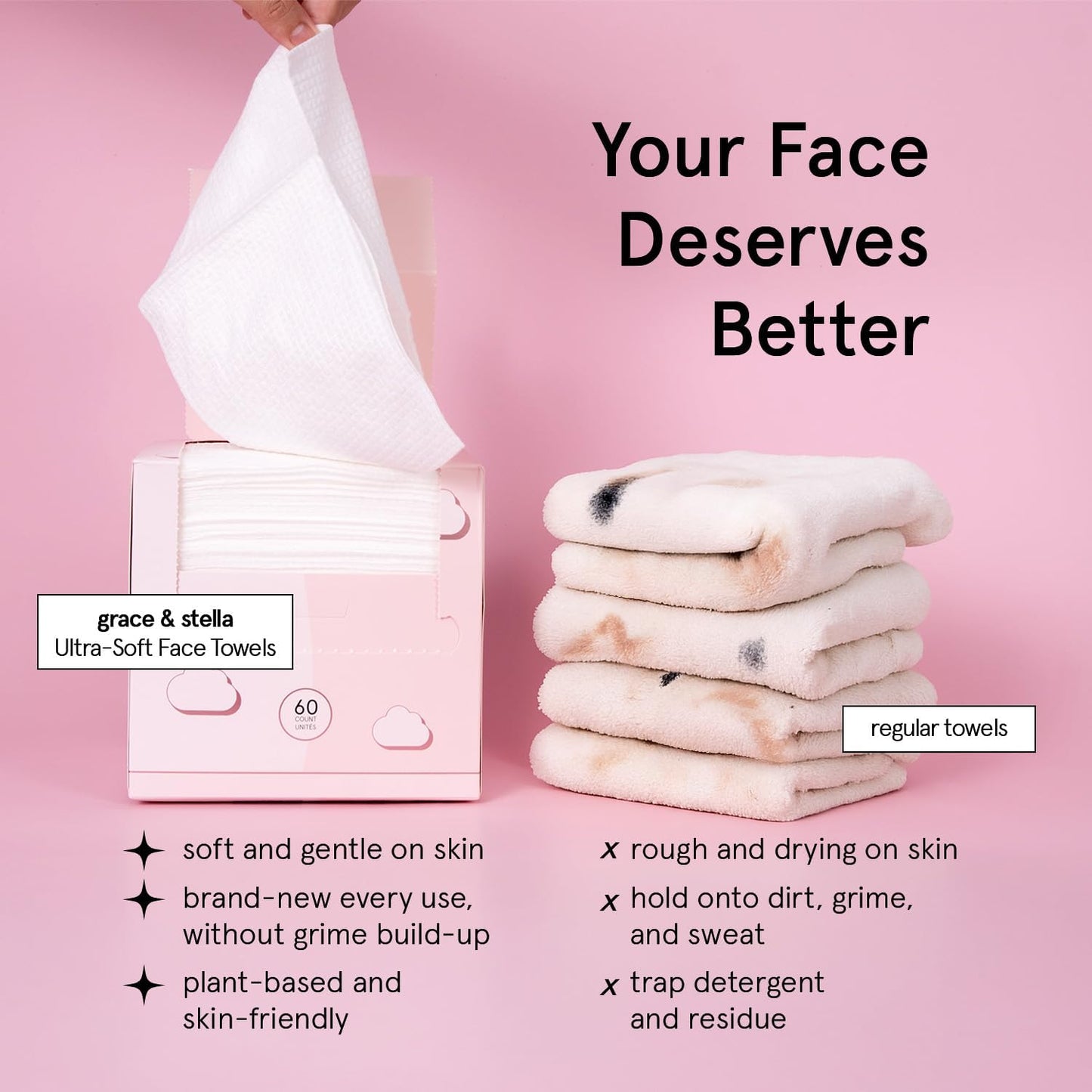 grace & stella Face Towels Disposable - Travel Essentials - Ultra-Soft & Absorbent Face Wipes Towelettes - XL Facial Towels for Cleansing & Makeup