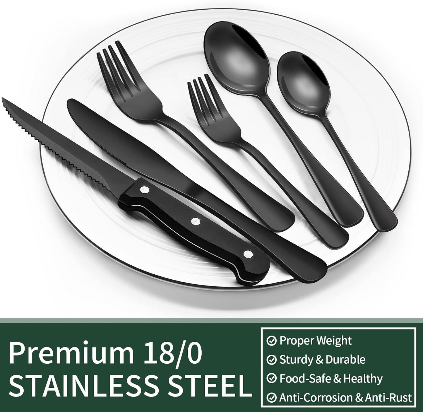 EWFEN 24-Piece Black Silverware Set with Steak Knives, Black Flatware Set for 4, Food-Grade Stainless Steel Tableware Cutlery