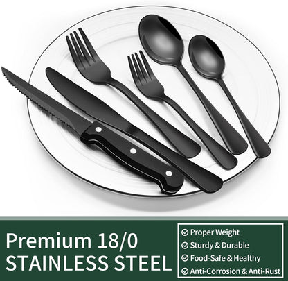 EWFEN 24-Piece Black Silverware Set with Steak Knives, Black Flatware Set for 4, Food-Grade Stainless Steel Tableware Cutlery