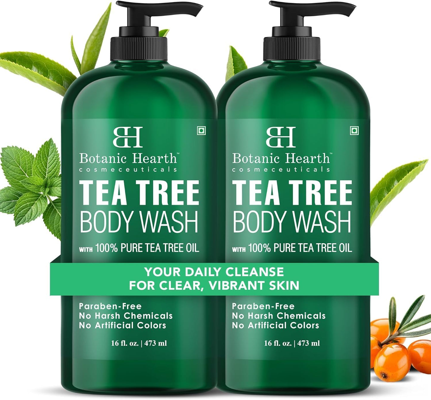 Botanic Hearth Tea Tree Body Wash 16 fl oz (2 Pack) Natural Antifungal & Odor Control Shower Gel for Acne, Athletes Foot, Ringworm, Jock