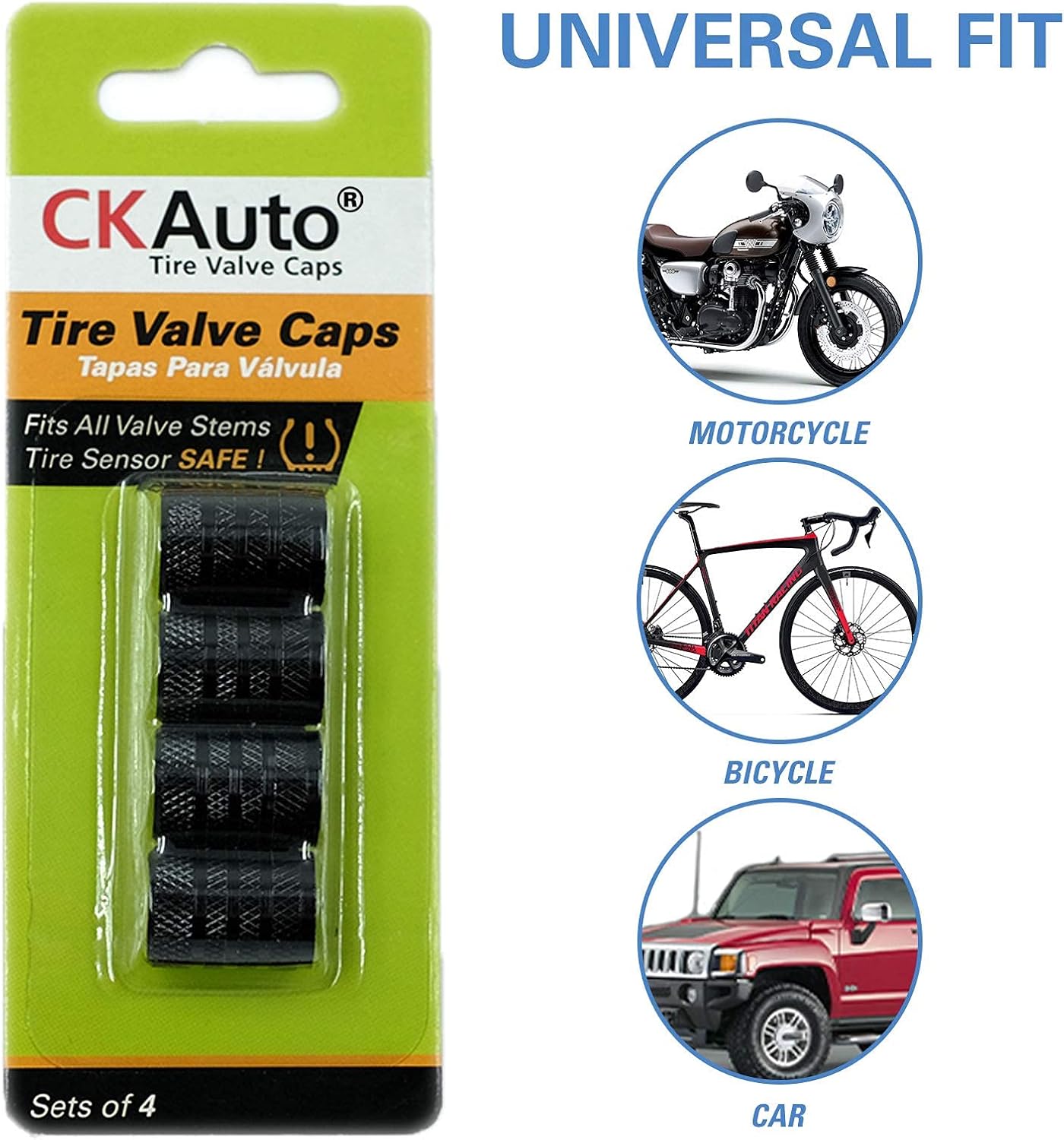 CKAuto Tire Valve Stem Caps, Black, 4 pcs/Pack, Anodized Aluminum Tire Valve Cap Set, Corrosion