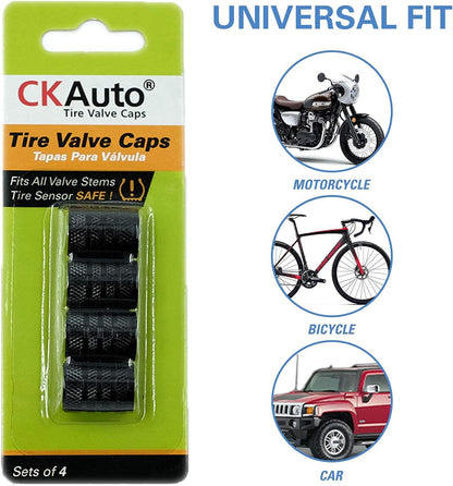CKAuto Tire Valve Stem Caps, Black, 4 pcs/Pack, Anodized Aluminum Tire Valve Cap Set, Corrosion