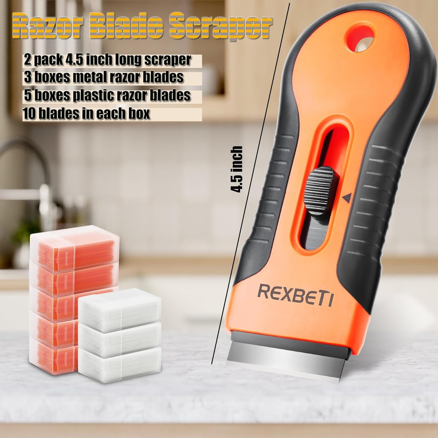 REXBETI Razor Blade Scraper Tool, 2 Pack Razor Scraper Set with Extra 80Pcs Razor Blades -30Pcs Metal and 50Pcs Plastic Blades, Cleaning Scraper