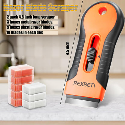 REXBETI Razor Blade Scraper Tool, 2 Pack Razor Scraper Set with Extra 80Pcs Razor Blades -30Pcs Metal and 50Pcs Plastic Blades, Cleaning Scraper