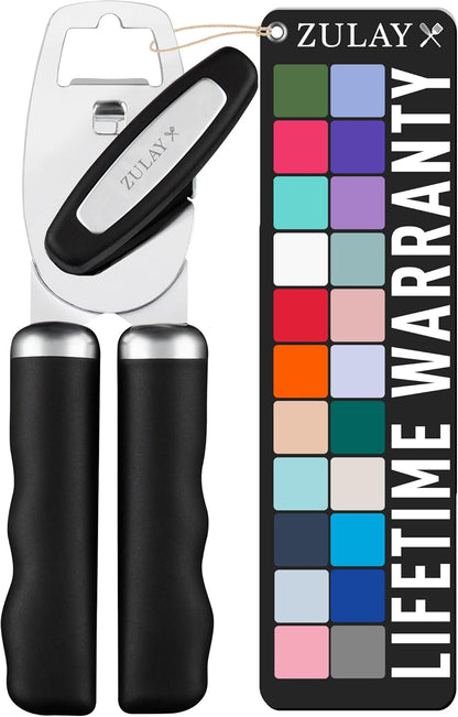 Zulay Kitchen Heavy Duty Stainless Steel Can Opener Manual with Bottle Opener - Rust Proof Manual Can Opener With Turn Knob & Comfy Soft Grip Handles