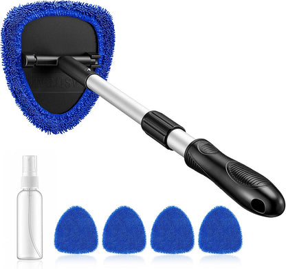 AstroAI Windshield Cleaner Tool, Car Interior Detailing Cleaning Kit with Extendable Handle and 4 Upgraded High-Density Reusable Microfiber