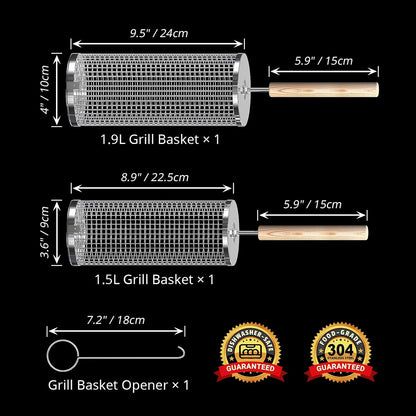 ivtivfu Rolling Grill Basket, Removable Wooden Handle, 304 Stainless Steel, Nesting BBQ Tools, Smoker Grilling Accessories for