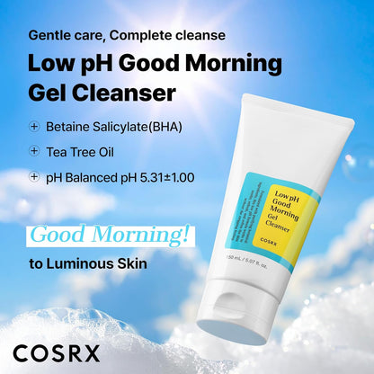COSRX Low pH Good Morning Gel Face Cleanser, 5.07 fl oz, BHA Face Wash, Daily Mild Face Cleanser for Sensitive Skin, PH Balancing, Korean Skin