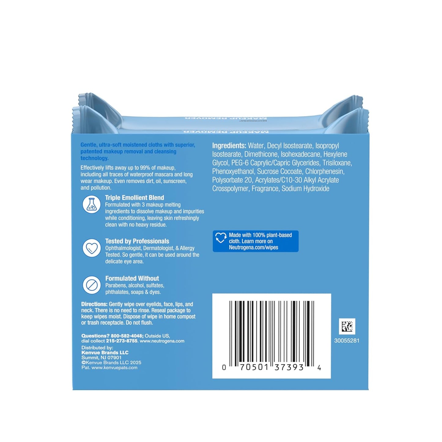 Neutrogena Makeup Remover Wipes Micellar Alcohol-Free Face Towelettes Remove Waterproof Mascara & Oil, Compostable 100% Plant-Based