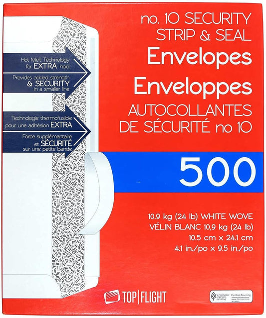 Top Flight PSTF10NWT Envelopes, Strip & Seal, Security Tinted, White Paper, 24 lb, 500 Count