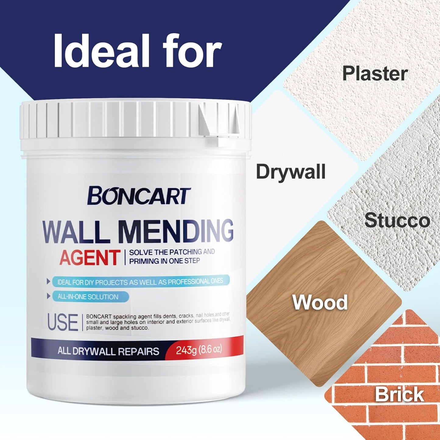 BONCART 8.6oz Drywall Patch Repair Kit - Professional All-in-1 Tool Set (Scrapers/Sandpaper/Texture Sponge/Gloves/Putty Knife) for Fast Wall Hole
