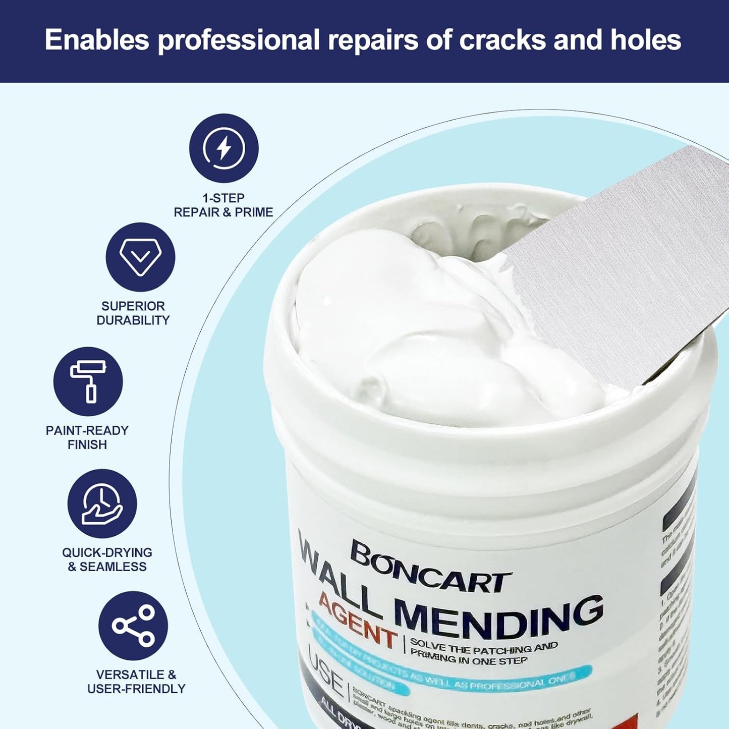 BONCART 8.6oz Drywall Patch Repair Kit - Professional All-in-1 Tool Set (Scrapers/Sandpaper/Texture Sponge/Gloves/Putty Knife) for Fast Wall Hole