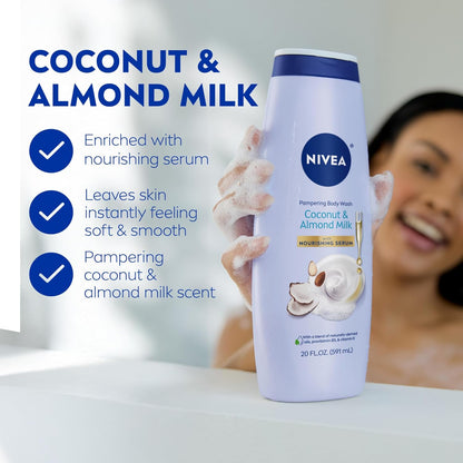 NIVEA Pampering Coconut and Almond Milk Body Wash with Nourishing Serum, Moisturizing Body Wash for Women, Enriched with Provitamin B5 and Vitamin