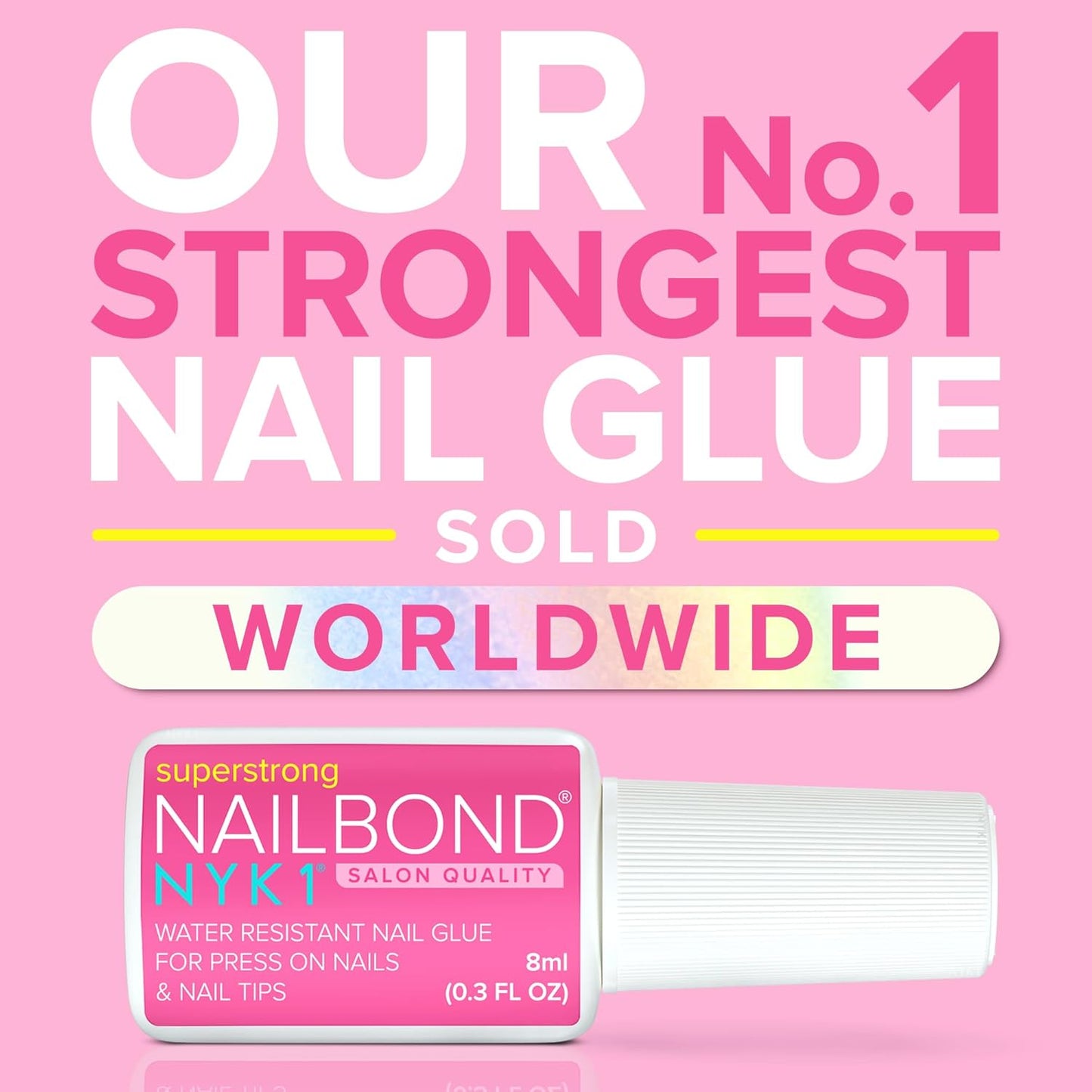 Super Strong Nail Glue for Press On Nails, Nail Tips & Acrylic Nails (8ml) NYK1 NailBond Brush On Glue for Press Ons, Tips & Acrylics - Long