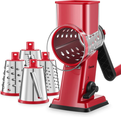 Geedel Rotary Cheese Grater, Kitchen Mandoline Vegetable Slicer with 3 Interchangeable Blades, Easy to Clean Rotary Grater Slicer for