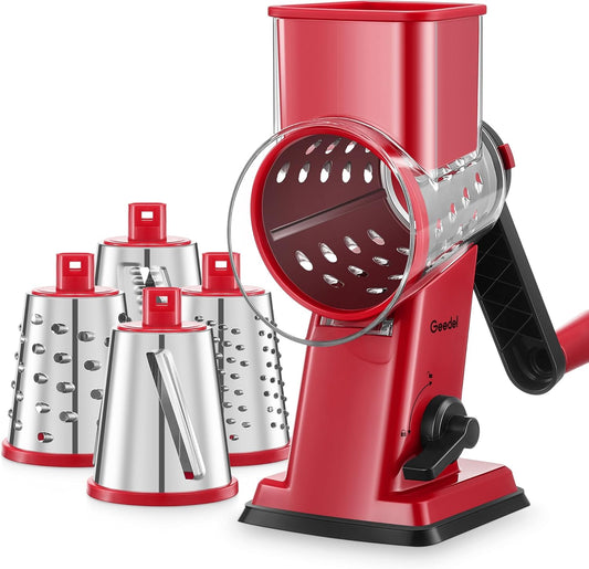 Geedel Rotary Cheese Grater, Kitchen Mandoline Vegetable Slicer with 3 Interchangeable Blades, Easy to Clean Rotary Grater Slicer for