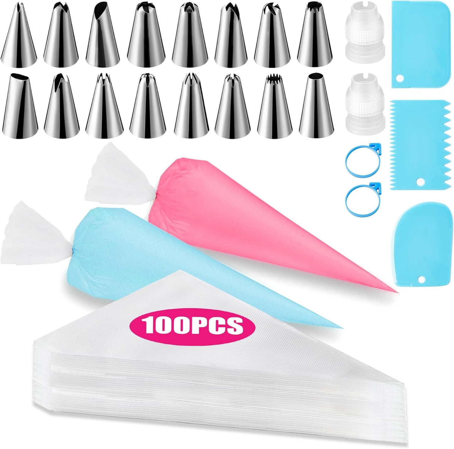 Piping Bags and Tips Set, Cakes Decorating Supplies Kit with 100pcs 12 Inch Pastry Bags, 16 Piping Tips, 3 Cake Scraper, 2 Couplers, 2 Bag