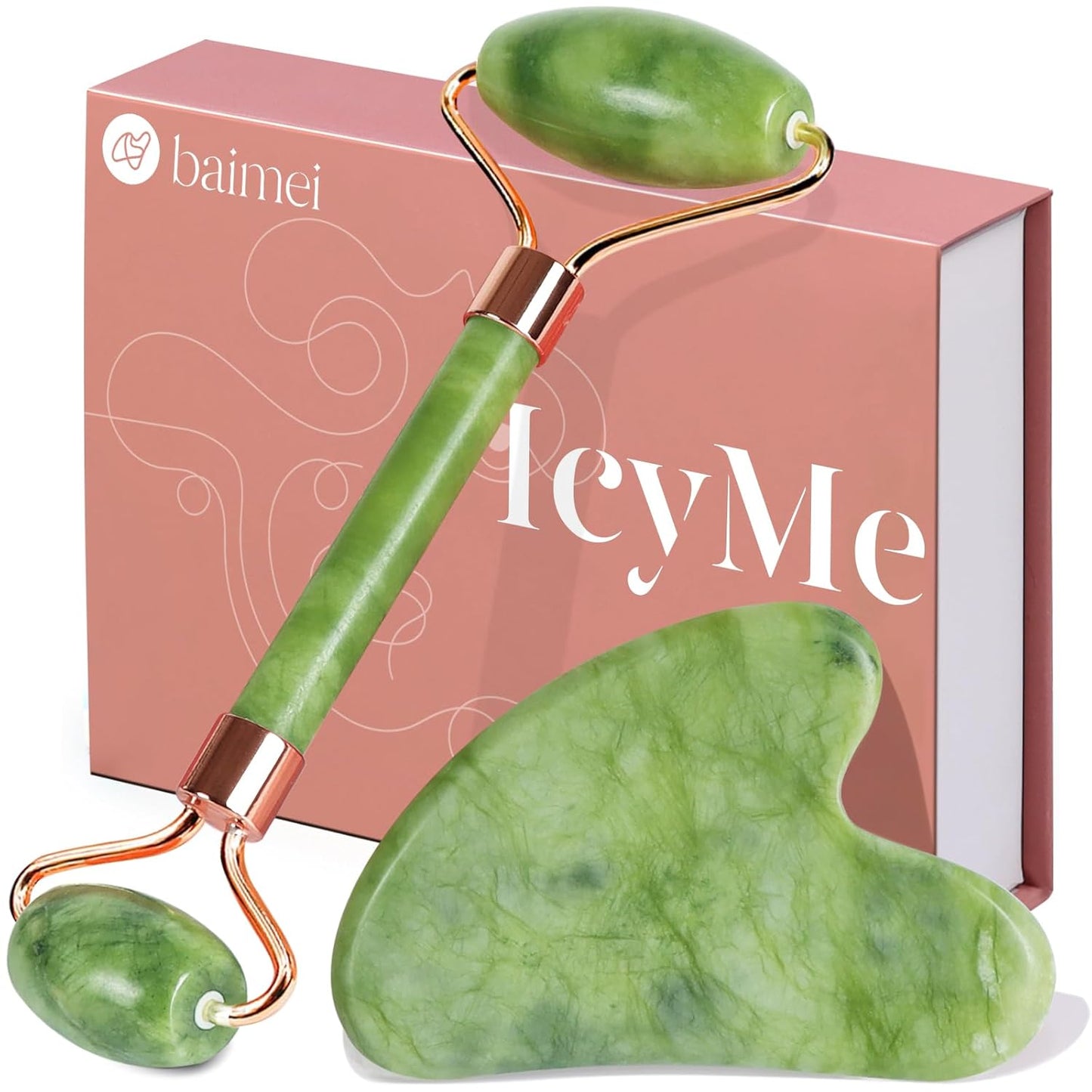 BAIMEI IcyMe Gua Sha & Jade Roller Facial Tools Face Roller and Gua Sha Set for Puffiness and Redness Reducing Skin Care