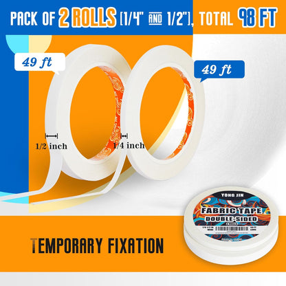 YONGJIN Double-Sided Fabric Tape (2 Rolls) - No Sewing or Ironing Required, Perfect for Quick Clothing Repairs, Fabric